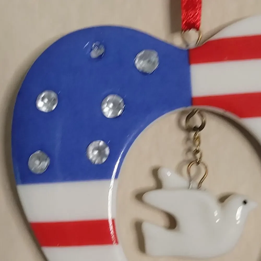 Heart Shaped American Flag Christmas Ornament with Dove